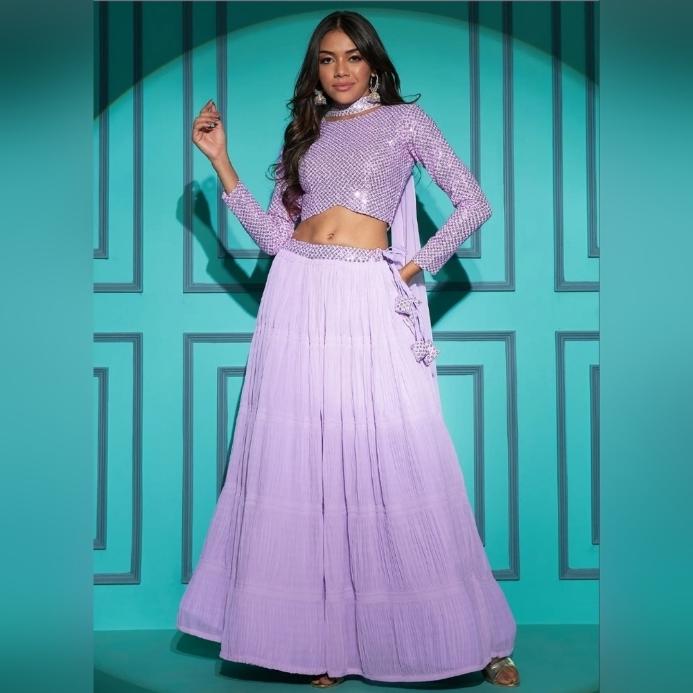Georgette Pletting Pattern Lehenga Choli with Sequins-Thread Embroidered Purple